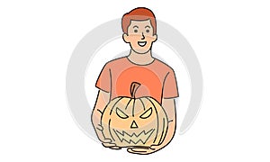 Young man hold halloween pumpkin head