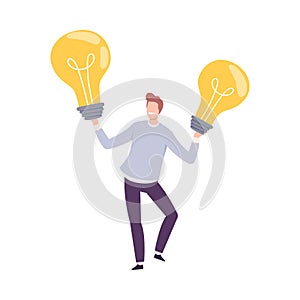 Young Man Holding Big Glass Light Bulb Vector Illustration