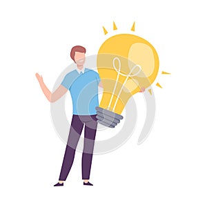 Young Man Holding Big Glass Light Bulb Vector Illustration