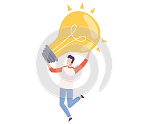 Young Man Holding Big Glass Light Bulb Vector Illustration