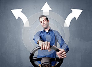 Man holding steering wheel