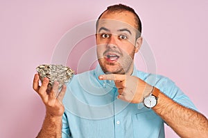 Young man holding bowl with sunflowers seeds standing over isolated pink background very happy pointing with hand and finger