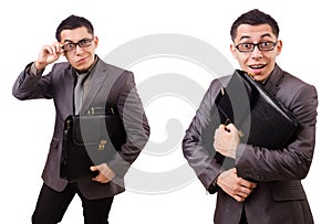 The young man holding briefcase isolated on white