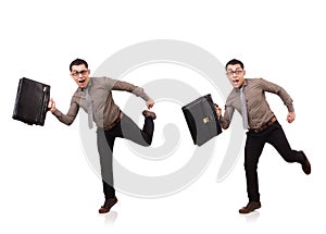 The young man holding briefcase isolated on white