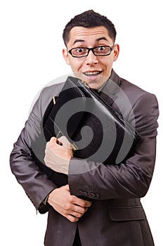 Young man holding briefcase isolated on white