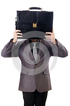 Young man holding briefcase isolated on white