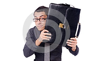 Young man holding briefcase isolated on white