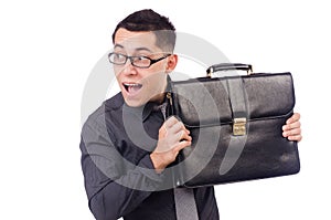 Young man holding briefcase isolated on white