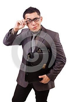 Young man holding briefcase on white