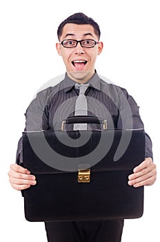 Young man holding briefcase on white