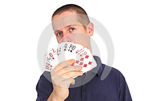 Young man holding cards, focus on cards