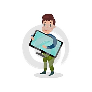 Young man holding computer monitor, harmful habit and addiction cartoon vector Illustration