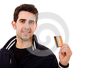 Young man holding credit card