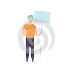 Young man holding empty board, guy at demonstration picket, peace protest concept vector Illustration on a white