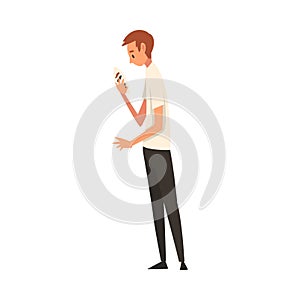 Young Man Holding Face Mask, Guy Changing His Personality or Individuality Vector Illustration