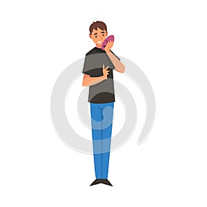 Young Man Holding Face Mask, Smiling Guy Changing and Hiding His Emotions Vector Illustration