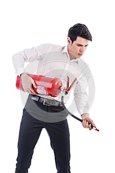 Young Man Holding Fire Extinguisher