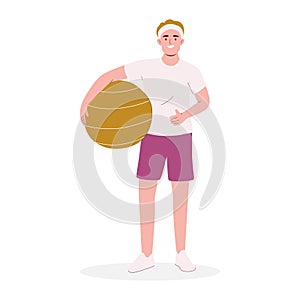 Young man holding a fitness ball, cartoon character