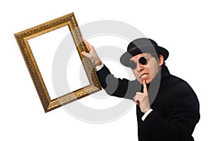 Young man holding frame isolated on white