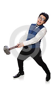 Young man holding hammer isolated on white