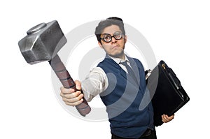 Young man holding hammer isolated on white