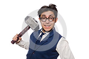 Young man holding hammer isolated on white