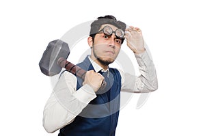 Young man holding hammer isolated on white