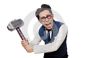 Young man holding hammer isolated on white