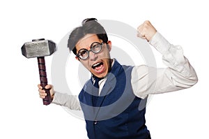 Young man holding hammer isolated on white