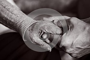 Young man holding the hand of an old woman