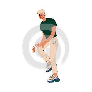 Young Man Holding Hands on His Knee, Guy Feeling Pain in Body Caused By Illness or Injury Vector Illustration