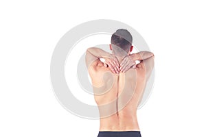 Young man holding his neck in pain. Medical concept