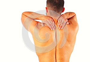 Young man holding his neck in pain. Medical concept