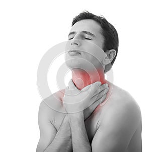 Young man holding his throat in pain, isolated