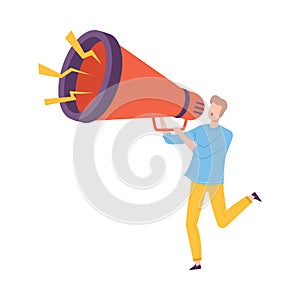 Young Man Holding Huge Megaphone Making Announcement and Screaming Information Vector Illustration