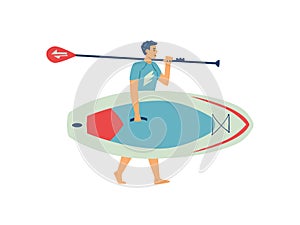 Young man holding paddle board going to beach for engaged sup surfing.