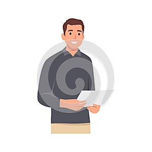 Young man holding paper document on his hand . Flat vector