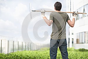 Young man holding a rake on his shoulders and looking at green plants in a roof top garden in the city