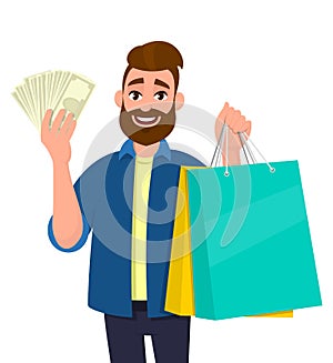 Young man holding shopping bags. Person showing cash, money, currency notes in hand. Male character. Modern lifestyle, digital.