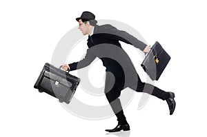 Young man holding suitcase isolated on white