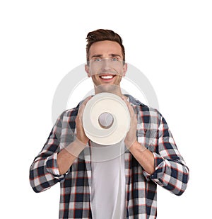 Young man holding toilet paper roll