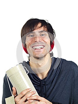 Young man holding a tubular gift box