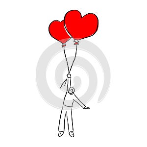 Young man holding two heart shape balloons for valentine`s day vector illustration sketch doodle hand drawn with black lines