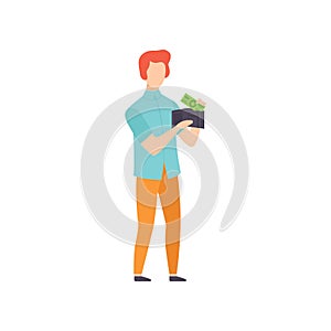 Young man holding wallet with money, saving and investing money concept vector Illustration on a white background