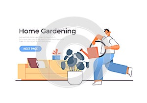 young man holding watering can and pouring plants home gardening concept guy taking care of houseplants