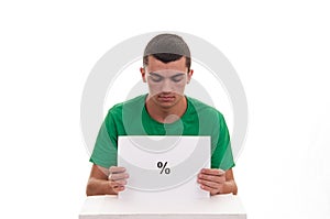 Young man holding white frame with percentage symbol