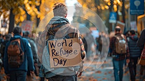 Young Man Holding World Refugee Day Sign in Outdoor Rally