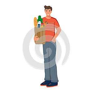 A young man holds grocery bag with natural products. ctor illustration isolated on a white