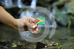 Young man holds national flag of Guyana on wooden stick. Teenager gives respect to nation state of Republic of Guyana. Stream and