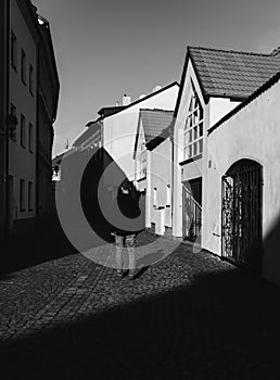 Young man in hoodie and jeans walking on street in city Ceske Budejovice. Black and white street photography